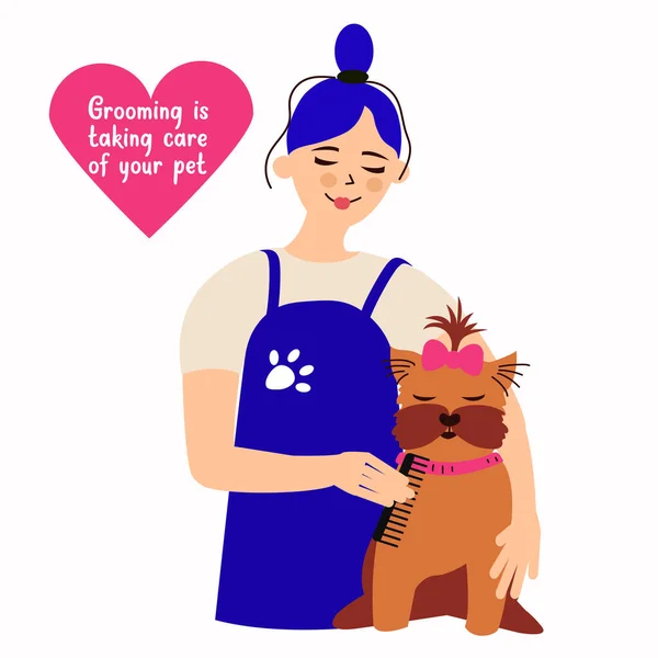 Woman combs a dog. Grooming dogs. Dog care. Vector illustration — Stock Vector