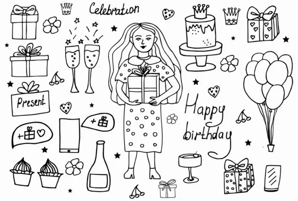 Σύνολο ζωγραφισμένα στο χέρι doodle αντικείμενα κινουμένων σχεδίων και σύμβολα στο πάρτι γενεθλίων. Σχεδιασμός ευχετήρια κάρτα διακοπών και πρόσκληση γάμου, Ευτυχισμένη ημέρα της μητέρας, γενέθλια, ημέρα του Αγίου Βαλεντίνου και διακοπές Royalty Free Διανύσματα Αρχείου