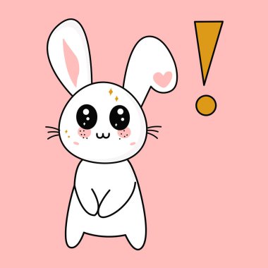 Şirin kawaii tavşanı ve soru işareti. Yeni bir fikir konsepti. Kawaii vektörü karakter çizimi. maskotu.