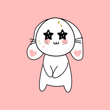 Şirin komik kawaii şaşı gözlü, maskotlu tavşanı şaşırttı. Bir karakter simgesinin vektör düz çizimi