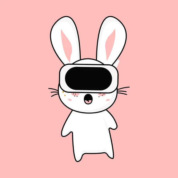 Cute funny kawaii surprised rabbit in the metaverse. Vector flat illustration of a character icon in virtual reality. — Stock Vector