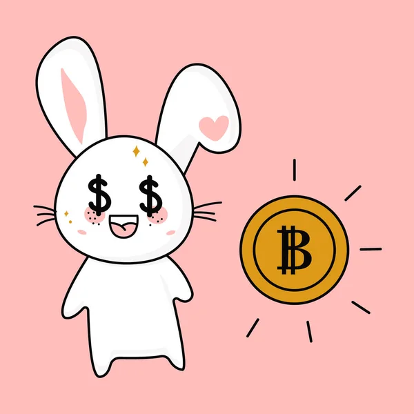 Carino divertente kawaii sorpreso coniglio e bitcoin, mascotte. Illustrazione piatta vettoriale di un'icona del carattere. — Vettoriale Stock