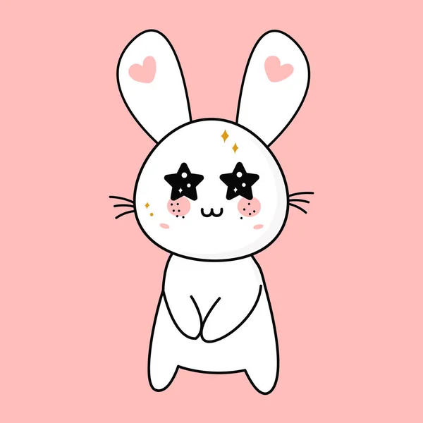 Roztomilý vtipný kawaii překvapený králík s hvězdnýma očima, maskote. Vektorová plochá ilustrace ikony znaku — Stockový vektor