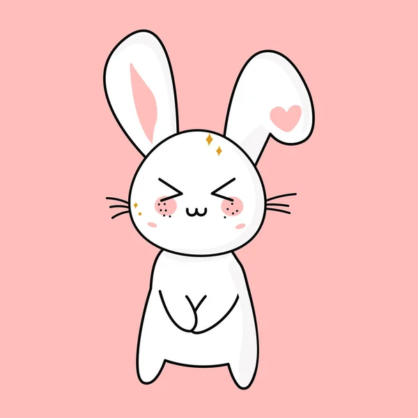 Cute funny kawaii rabbit, squeezed his eyes shut, mascot. Vector flat illustration of a character icon. — Stock Vector