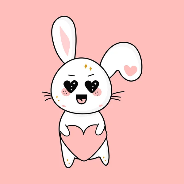 Mignon lapin kawaii avec un cœur dans la main, mascotte, personnage vecteur de dessin animé mignon. — Image vectorielle