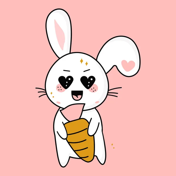 Niedliches Kawaii-Kaninchen mit einer Karotte in der Hand, Maskottchen, niedliche Cartoon-Vektor-Figur — Stockvektor
