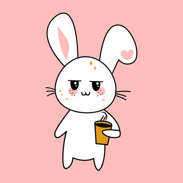 Schattig moe kawaii konijntje met een kopje koffie in zijn hand. Vector platte illustratie van een karakter pictogram uit de kawaii cartoon. — Stockvector