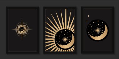 Tarot kartları, pankartlar, broşürler, posterler, broşürler, çıkartmalar için mistik şablonlar. Elle çizilmiş. Esrarengiz sembollü kartlar. Gezegenlerin silueti, yıldızlar, ay ve güneş. vektör.