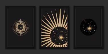 Tarot kartları, pankartlar, broşürler, posterler, broşürler, çıkartmalar için mistik şablonlar. Elle çizilmiş. Esrarengiz sembollü kartlar. Gezegenlerin silueti, yıldızlar, ay ve güneş. vektör.