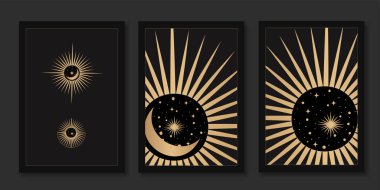 Tarot kartları, pankartlar, broşürler, posterler, broşürler, çıkartmalar için mistik şablonlar. Elle çizilmiş. Esrarengiz sembollü kartlar. Gezegenlerin silueti, yıldızlar, ay ve güneş. vektör.