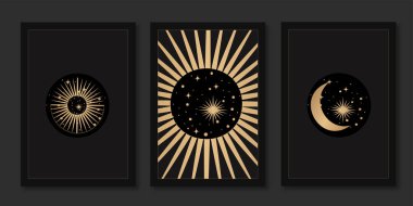 Tarot kartları, pankartlar, broşürler, posterler, broşürler, çıkartmalar için mistik şablonlar. Elle çizilmiş. Esrarengiz sembollü kartlar. Gezegenlerin silueti, yıldızlar, ay ve güneş. vektör.