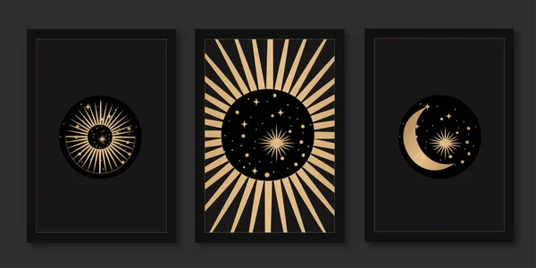 타로 카드, 플래카드, 전단, 포스터, 팜플렛, 스티커를 위한 신비 한 템플릿 세트. 손으로 그린 거야. 비밀의 상징 이 있는 카드. 행성, 별, 달, 태양의 실루엣. 벡터. — 스톡 벡터