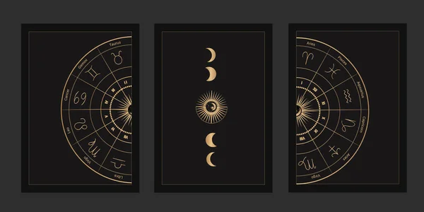 Un ensemble de modèles mystiques pour cartes de tarot, bannières, dépliants, affiches, brochures, autocollants. Dessiné à la main.. La silhouette de la carte du zodiaque, les étoiles, les phases de lune et de soleil. vecteur — Image vectorielle