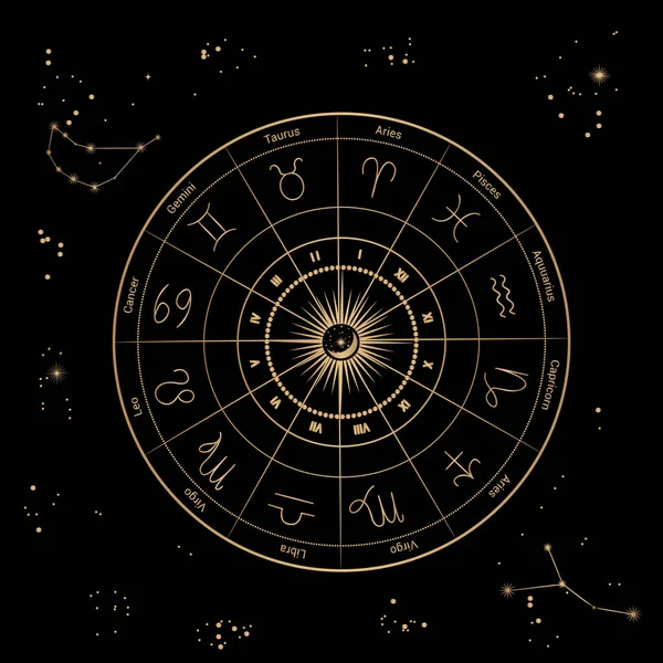 Illustration vectorielle des douze constellations du zodiaque. Horoscope cercle, carte astrologique sur le fond du ciel étoilé en couleur or. — Image vectorielle