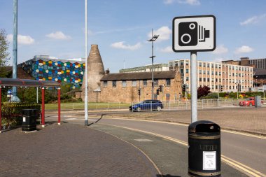 Hanley, Stoke on Trent ,Staffordshire-united kingdom ,04 21 2022, speed camera sign by the side of busy inner city road,  concept of speeding, vehicles going to fast