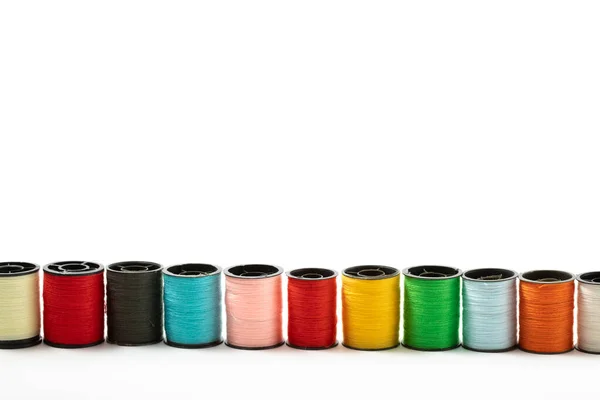 Macro Close Colourful Cotton Bobbins Stacked Top Each Other Produce — Stock Photo, Image