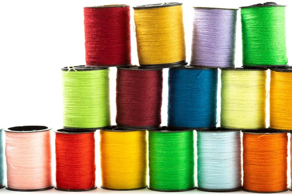 Macro Close Colourful Cotton Bobbins Stacked Top Each Other Produce — Photo