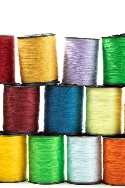 Macro Close Colourful Cotton Bobbins Stacked Top Each Other Produce — Stock Photo, Image