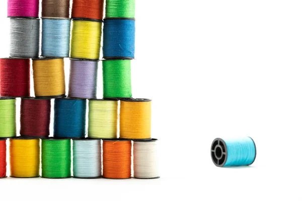Macro Close Colourful Cotton Bobbins Stacked Top Each Other Produce — Stock Photo, Image