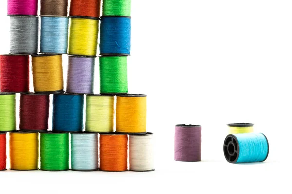 Macro Close Colourful Cotton Bobbins Stacked Top Each Other Produce — Stock Photo, Image