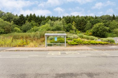 Modern glass and steel roadside bus shelter with bench seat. Rural location in uk