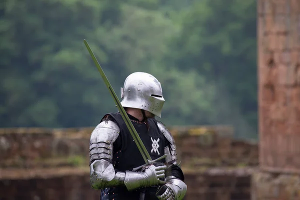 Knight Shining Armor Detail Metal Helmets Medieval Warrior Sword — Stock Photo, Image