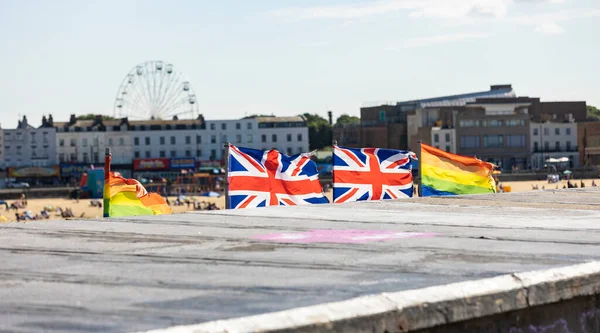 Union Jack Rainbow Pride Flags Flying Next Each Other Margate — Stock Photo, Image