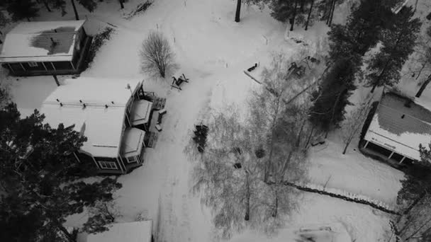 冬季的傍晚 无人驾驶飞机飞越了森林中的建筑物 — 图库视频影像