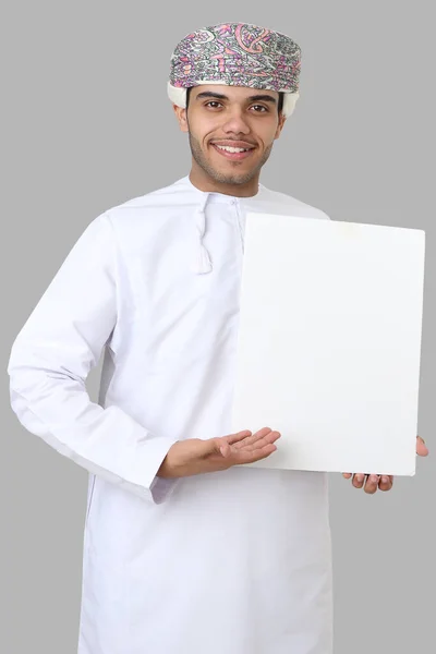 Omani Man Holding White Banner — Stock Photo, Image