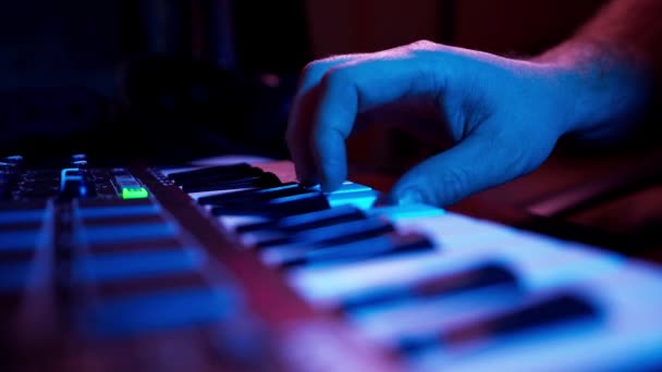 Musician Compose Music Playing Midi Keyboard Dark Blue Lights — Vídeos de Stock