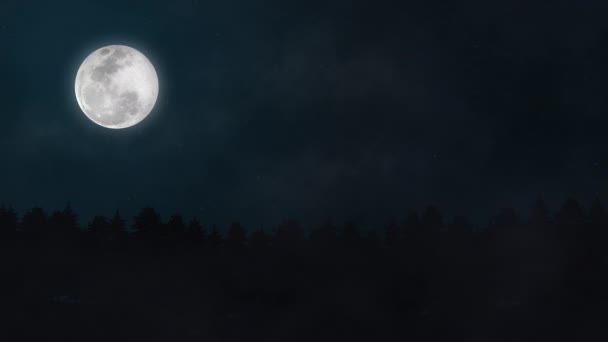 Blå Natthimmel Med Fullmåne Och Stjärnor Ovanför Skogen Silhuett — Stockvideo