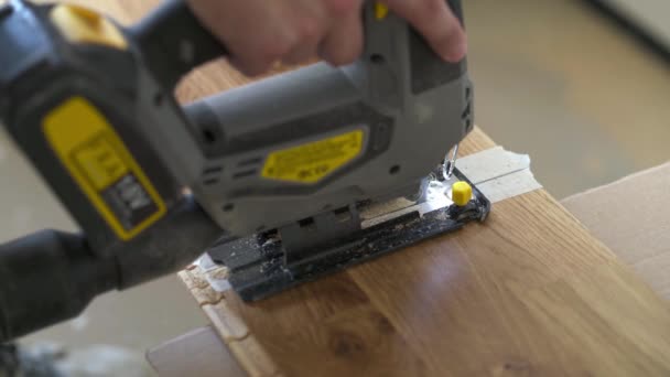 Cutting Parquet Floor Board Jigsaw — Stockvideo