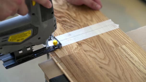 Cutting Parquet Floor Board Jigsaw — Stock Video