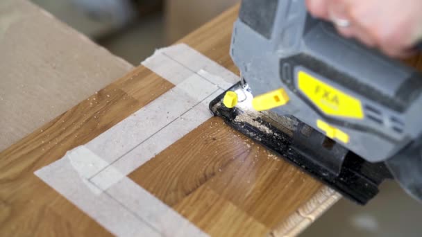 Cutting Parquet Floor Board Jigsaw — стокове відео