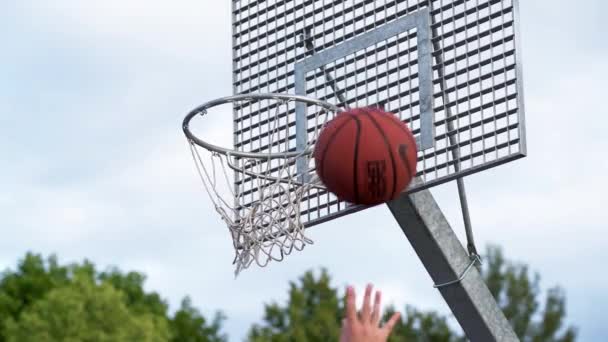 Hands Throw Ball Basketball Basket Slow Motion — Vídeo de Stock
