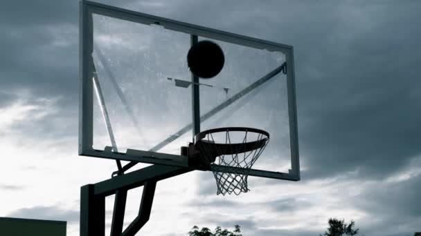 Silhouette Ball Misses Basketball Hoop Slow Motion — Vídeos de Stock