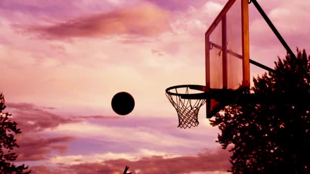 Silhouette Hands Throwing Basketball Hoop Slow Motion — Stockvideo