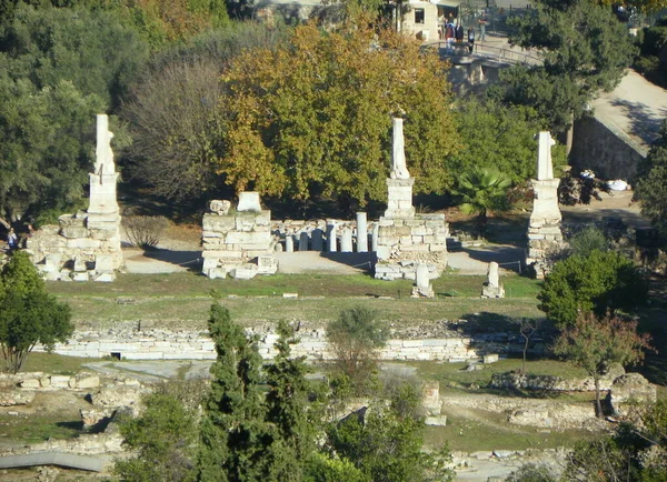 Греция Афины Статуи Одеона Агриппы Древней Агоре — стоковое фото