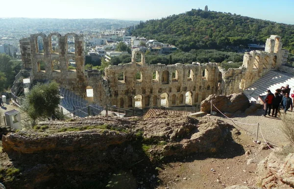 Griekenland Athene Akropolis Uitzicht Odeon Van Herodes Atticus Het Philopappos — Stockfoto