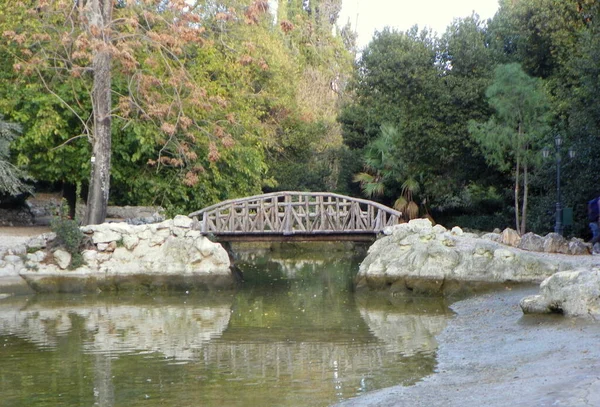 Grecia Atene Giardino Nazionale Ponte Legno Attraverso Stagno — Foto Stock