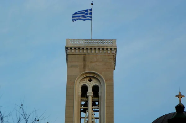 Greece Athens Metropolitan Cathedral Athens Bell Tower State Flag — Stock Photo, Image