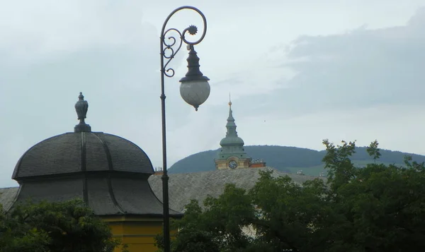 Hungary Eger Roofs Lanterns Mountain Background — Φωτογραφία Αρχείου