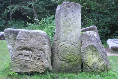 Ukraine, Yaremcha, Dovbush Rocks, memorial stone in the reserve