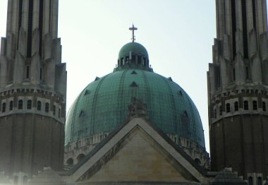 Belgium, Brussels, National Basilica of the Sacred Heart, view of the main dome and two thin towers