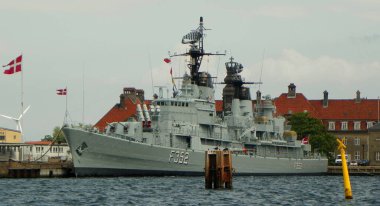 Denmark, Copenhagen, Honsebrolobet, warship near the pier