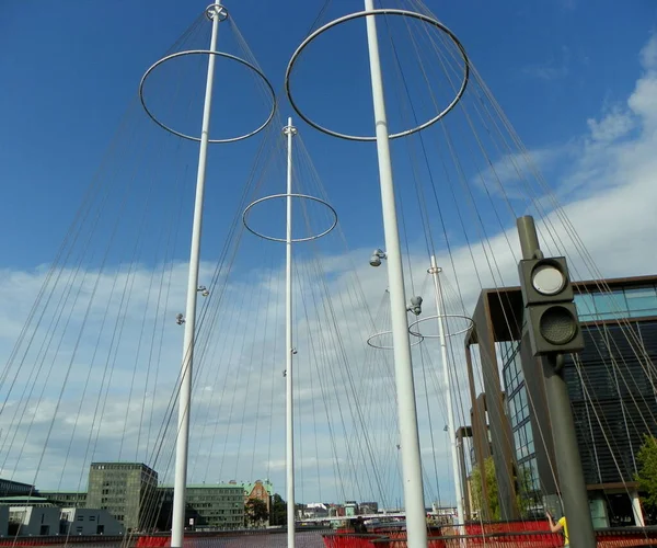 Denmark, Copenhagen, Langebrogade, Five Circles Pedestrian Bridge (Circle Bridge), masts of the bridge