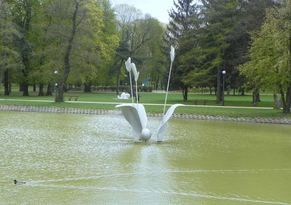 Polónia Lodz Pisudsky Park Fonte Meio Lagoa — Fotografia de Stock