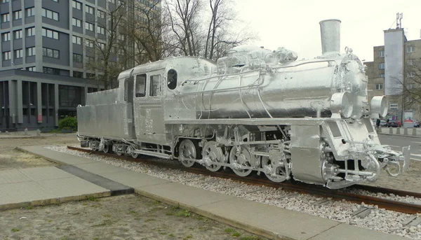 Poland Lodz Fabrychna Railway Station Shiny Silver Old Train — Stock Photo, Image