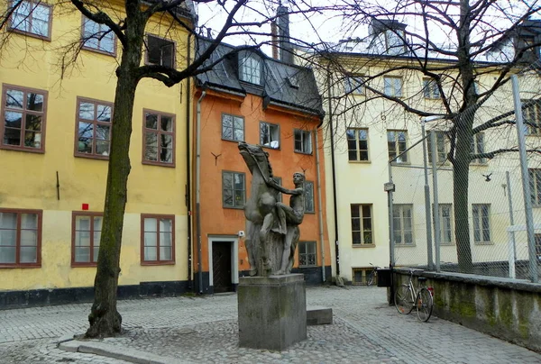 Sweden Stockholm Prastgatan Monument Young Man Mounting Horse — Stock Photo, Image