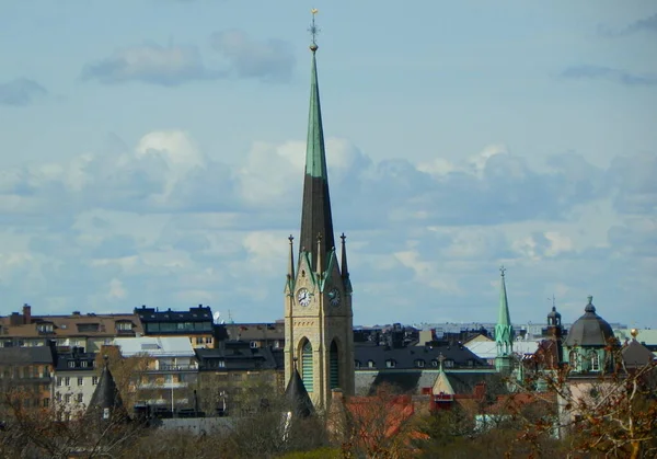 Suède Stockholm Île Djurgarden Skansen Vue Flèche Oscarskyrkan Depuis Skansen — Photo